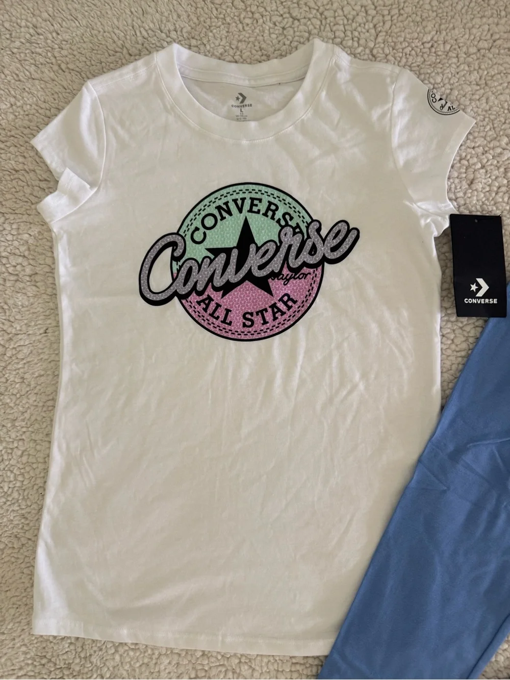 New girls Sz L 12–14 Converse White Tee with Blue Logo & Blue Leggings